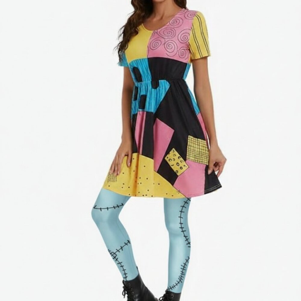 Sally Halloween Costume: Short Sleeve Patchwork Dress & Stitched Leggings